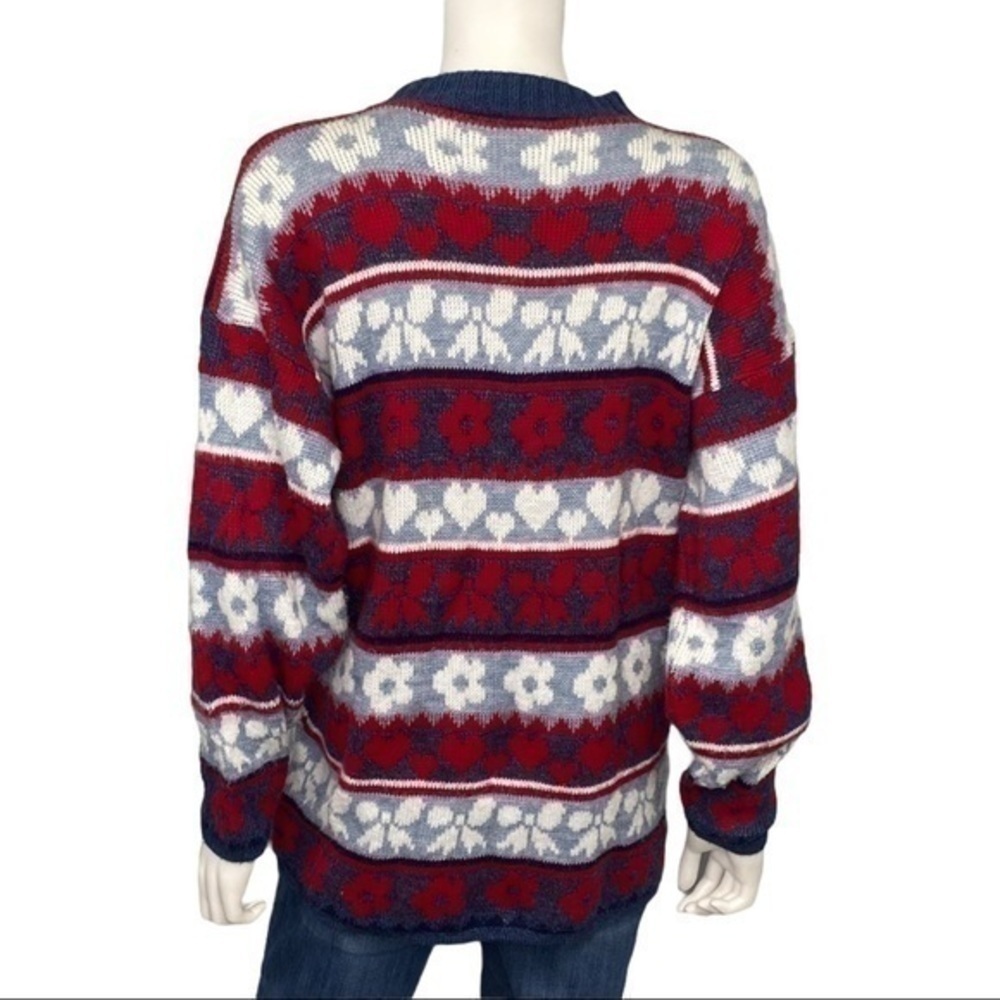 Huntington Ridge Vintage Retro Red White Blue Heart Floral Fair Isle Sweater M - Picture 4 of 6